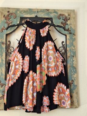 Sleeveless Halter Tank Top in Black with Orange & Pink Floral Medallions